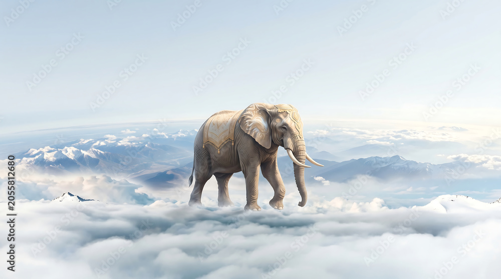 Fototapeta premium Surreal background of a majestic elephant walking on clouds above mountains