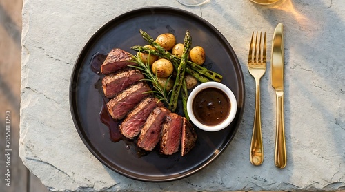 Grilled steak sliced on a plate with roasted potatoes, asparagus, and a side of sauce, served on a rustic stone table with gold cutlery