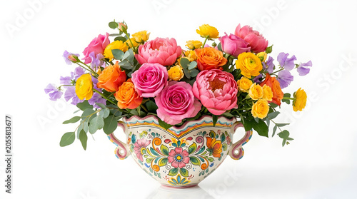 Luxury Heart-Shaped Rainbow Ceramic Flower Pot with Colorful Tulips, Peonies and Roses Isolated on White Background