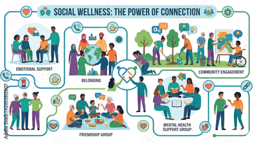 Fotografie Social wellness month vector flat illustration set with community support health