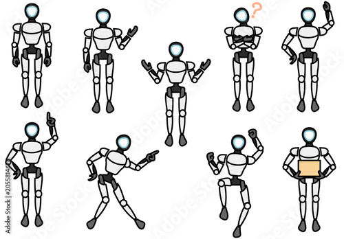人工知能や未来のテクノロジーをイメージしたロボットの様々なポーズのキャラクターセット｜案内やビジネスシーンなどの解説に使いやすいシンプルなヒューマノイドのベクターイラスト