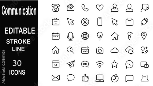 Communication Icon Set: A collection of 30 editable stroke line icons representing various communication and technology concepts, including phone, email, chat, and social media.