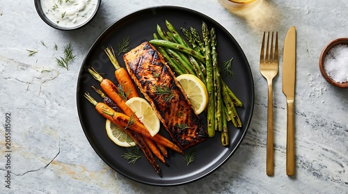 Grilled salmon fillet served with roasted carrots, asparagus, and lemon slices on a black plate, top view