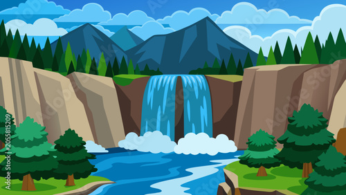 Large wide cascading waterfall in the forest, water flows down the mountainside. Generative AI
