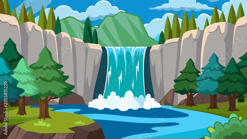Large wide cascading waterfall in the forest, water flows down the mountainside. Generative AI
