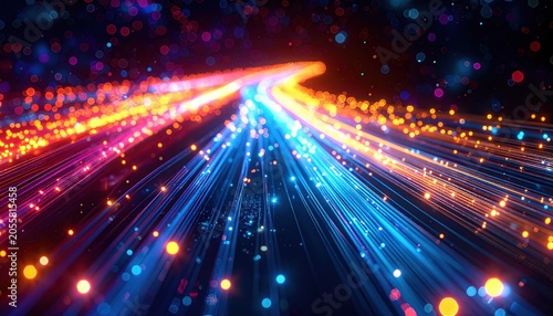 Abstract network of vibrant optical fiber optic cables transmitting data with glowing light streams