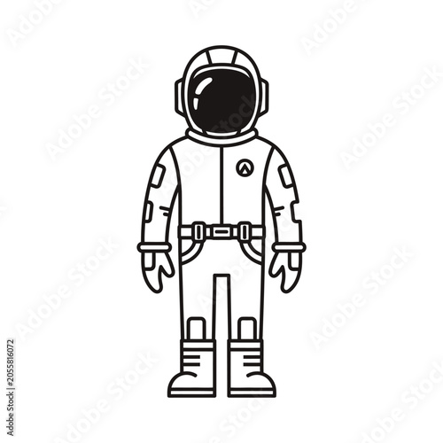Minimalist line drawing of a standing astronaut with a round helmet and detailed spacesuit