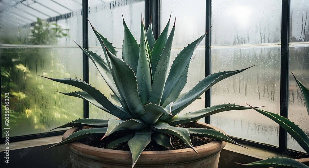 Obraz premium A large blue agave americana plant grows in a terracotta pot inside a humid greenhouse with misty glass windows, showcasing its sharp spiked leaves and desert beauty.
