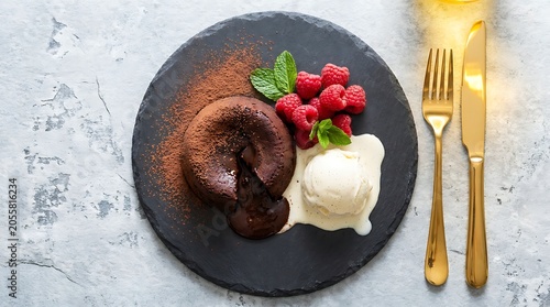 Delicious chocolate fondant lava cake with a molten center, served with a scoop of vanilla ice cream, fresh raspberries, and mint leaves on a dark slate plate