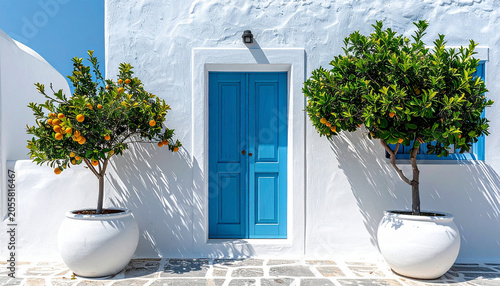 Blue Door and Orange Trees: A vibrant blue door is flanked by two potted orange trees with ripe fruit, set against a whitewashed wall under a clear blue sky, embodying Mediterranean charm.