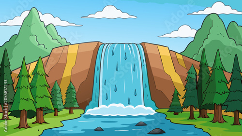 Large wide cascading waterfall in the forest, water flows down the mountainside. Generative AI
