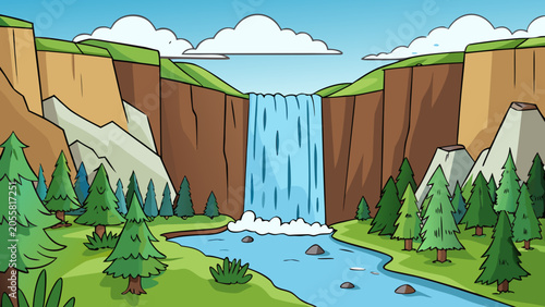Large wide cascading waterfall in the forest, water flows down the mountainside. Generative AI

