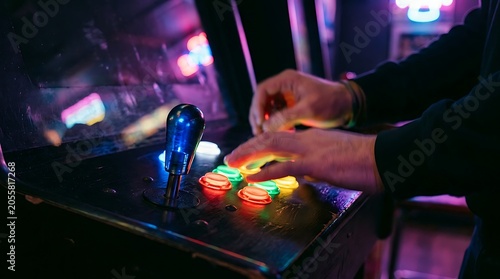 Arcade Game Play: Close-up of hands operating a vintage arcade machine, fingers pressing colorful buttons and gripping the joystick amidst vibrant neon lights.