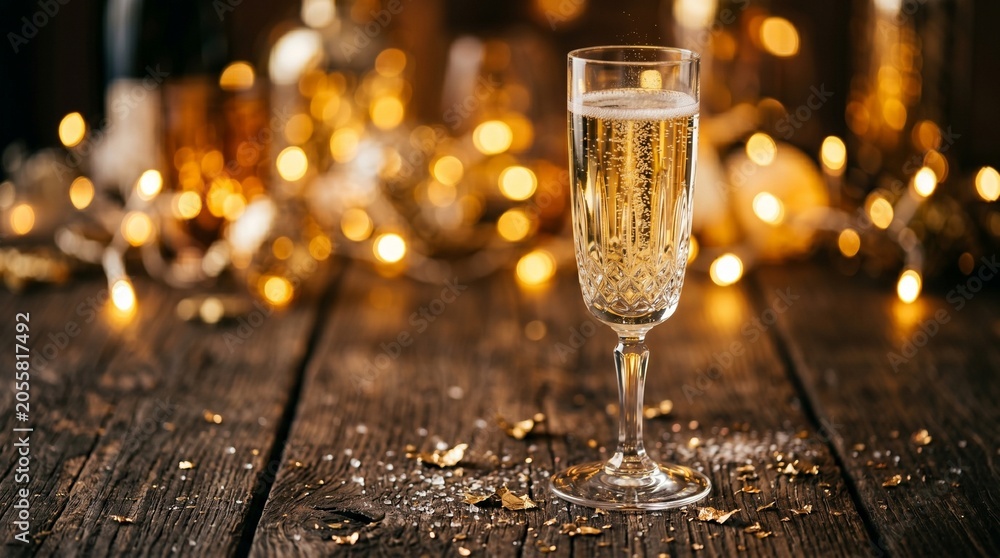 Fototapeta premium A single flute of sparkling champagne sits on a rustic wooden table with glittering bokeh lights in the background.