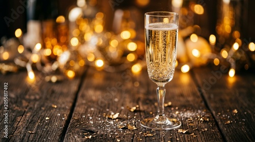 A single flute of sparkling champagne sits on a rustic wooden table with glittering bokeh lights in the background.