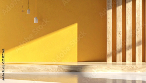 Sunny Room Aesthetic: A minimalist interior bathed in warm sunlight, featuring a yellow accent wall, wooden paneling, and soft pendant lights, creating a serene and inviting atmosphere.