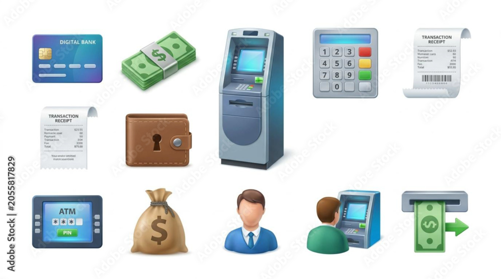 Fototapeta premium Collection of Financial Transaction Icons Featuring ATM Machines Banking Cards and Monetary Symbols