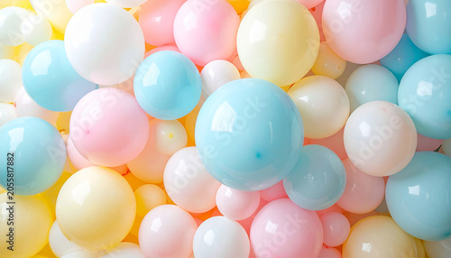 Pastel Balloons Background: A delightful arrangement of pastel-colored balloons in soft hues of pink, blue, yellow, and white creates a festive and whimsical backdrop, perfect for celebrations.