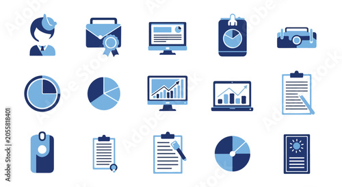 Tableau sur toile A collection of fifteen professional icons related to business analytics and finance, designed in a clean, two-tone blue flat vector style