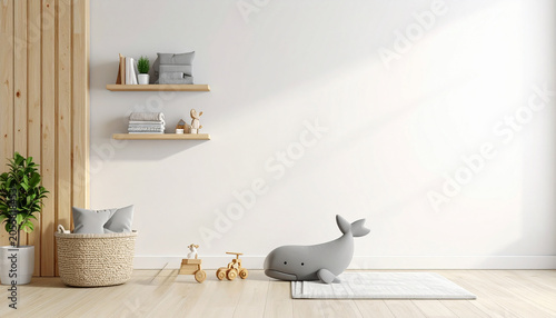 Nursery Room Serenity: A serene nursery room features a wooden whale toy on a rug, a basket with cushions, and small wooden toys.