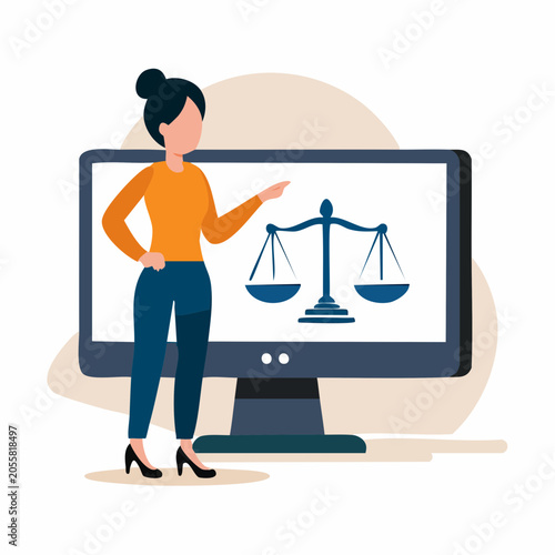 Woman presenting legal scales on computer screen