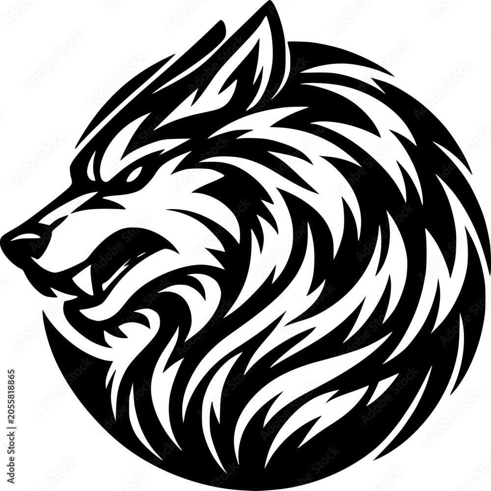 Obraz premium Fierce Wolf Emblem: A striking black and white illustration of a wolf's head, rendered in a stylized, graphic design, conveying power and intensity.