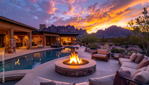 Desert Oasis Retreat: A luxurious desert home with a sparkling pool and inviting fire pit is illuminated by a breathtaking sunset, with majestic mountains forming a dramatic backdrop.