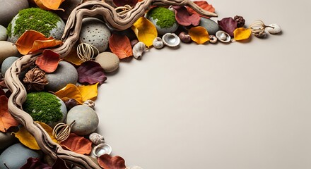 Colorful autumn leaves and stones border.