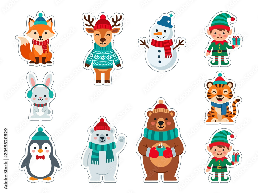 Fototapeta premium Cute Christmas Winter Animal Stickers Set including Fox, Bear, Penguin, Elf, and Snowman Illustrations