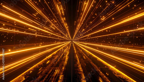 Golden Energy Tunnel: A vibrant tunnel of golden light streaks towards a vanishing point, creating a sense of speed, progress, and infinite possibility. The particles and lines evoke a futuristic.