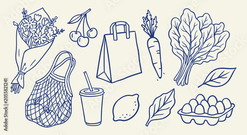 Canvas Print Blue Hand Drawn Grocery Shopping Doodle Set with Fresh Produce Flowers and Eco B