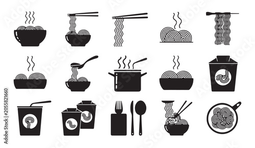 Billede på lærred Pasta and noodle icons featuring bowls cutlery and frying pans in clean vector silhouette art