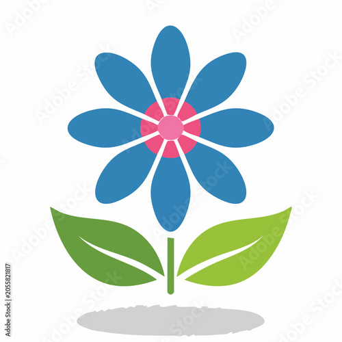 Stylized Blue Flower with Green Leaves