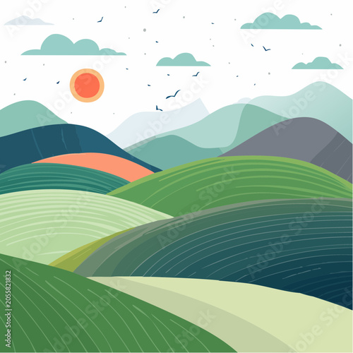 Stylized Landscape with Rolling Hills and Mountains