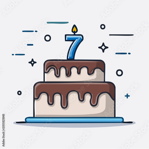Two-tier birthday cake with number 7 candle and chocolate frosting
