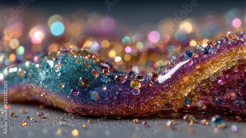 Close-up view of a shimmering, colorful, gelatinous substance with various-sized sparkles