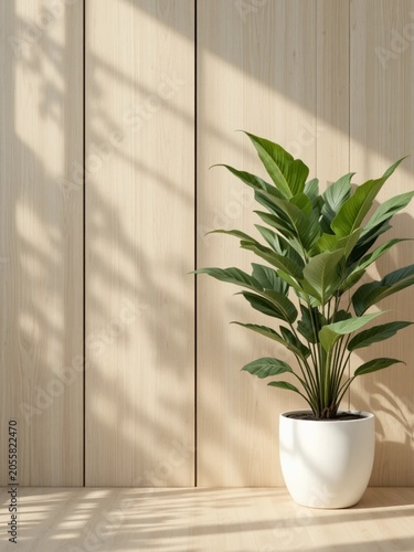 Minimalist interior background featuring a lush green tropical houseplant in a modern white ceramic pot against a light natural wooden wall. Soft sunlight and window shadows create a warm, cozy, Scand