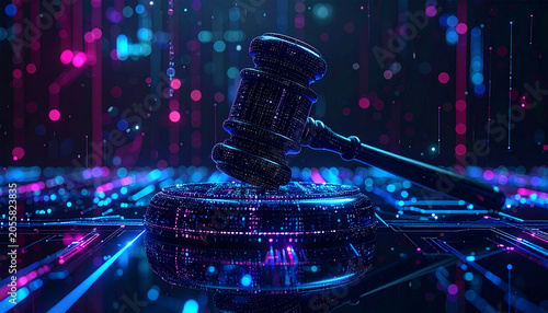 Digital Justice: A gavel rests on a digital sound block, surrounded by vibrant neon lights and circuit board patterns, symbolizing the intersection of law and technology.