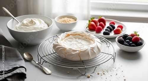 A freshly baked zealand pavlova cake base on a wire cooling rack surrounded by bowls of whipped cream and mixed fresh berries on a kitchen table.