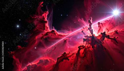 Nebula in Deep Space: A vibrant crimson nebula glows with ethereal light, a celestial cloud formation illuminated by a distant, bright star. The vast expanse of space, with twinkling stars.
