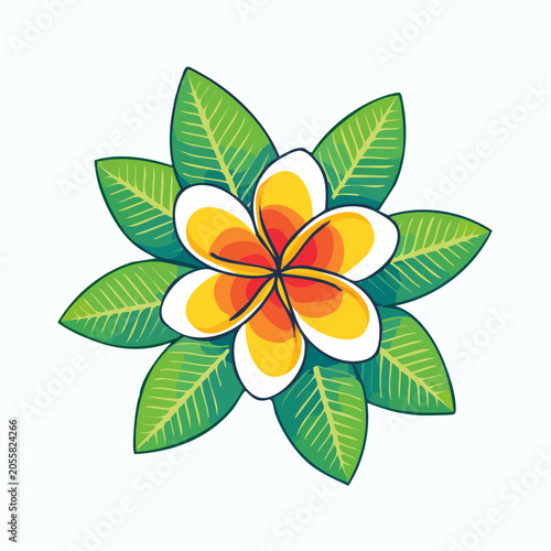 Stylized Plumeria Flower with Green Leaves