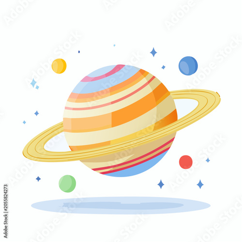 Stylized Saturn planet with rings and moons in space