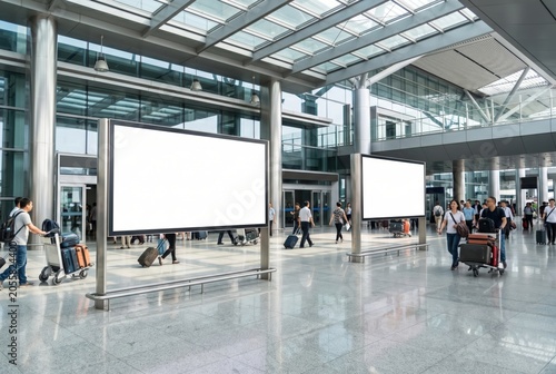 Blank billboard mockup in modern international airport arrival hall with travelers and luggage carts
