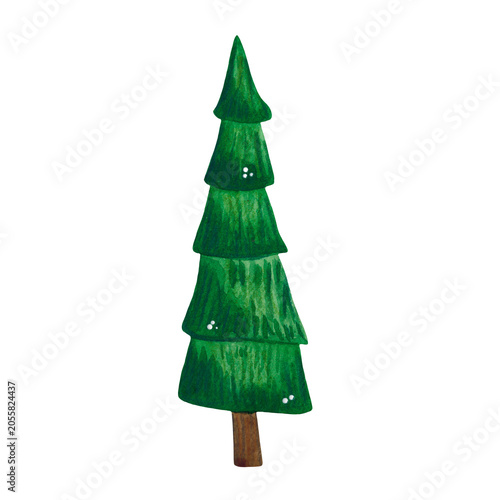 Green Christmas tree, watercolor illustration, cartoon. Hand-drawn illustration. Design for stickers, cards, scrapbooking. Forest, nature, tree, conifers