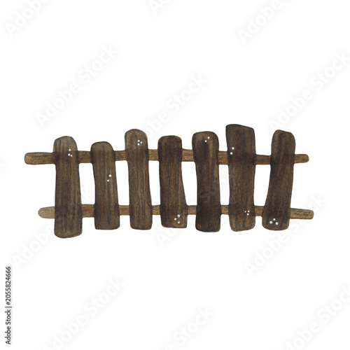 A plank fence, watercolor illustration, cartoon. Hand-drawn. Design for stickers, cards, and scrapbooking. Village, farm, building, rural, fence