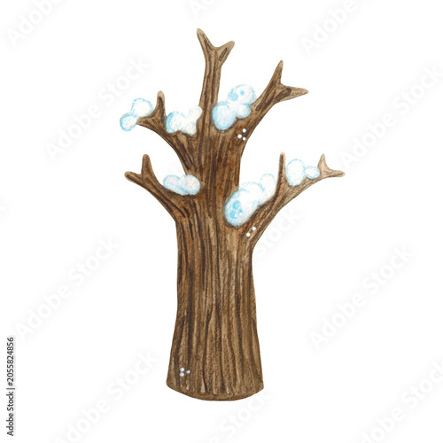 A leafless winter tree in the snow, watercolor illustration, cartoon. Hand-drawn illustration. Design for stickers, cards, and scrapbooking. Forest, nature, tree, foliage