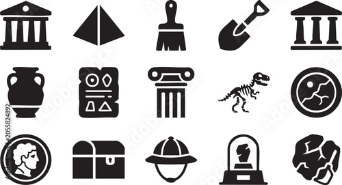 Foto Archaeology, ancient history, museum icons, 16 black and white symbols, vector g