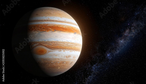 Jupiter's Majestic Swirls: The gas giant Jupiter, adorned with its iconic bands of swirling clouds and the Great Red Spot, glows majestically against the vast, star-studded canvas of deep space.