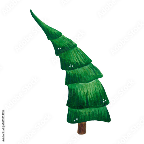 A green, tilted Christmas tree, watercolor illustration, cartoon. Hand-drawn illustration. Design for stickers, cards, scrapbooking. Forest, nature, tree, conifers, spruce