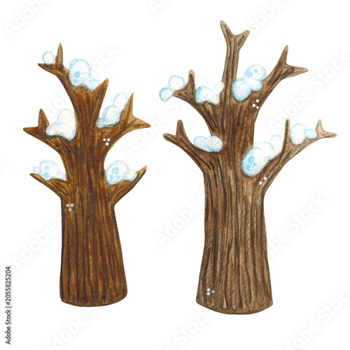 A set of two leafless trees in the snow, watercolor illustration, cartoon. Hand-drawn. Design for stickers, cards, and scrapbooking. Forest, nature, tree, foliage